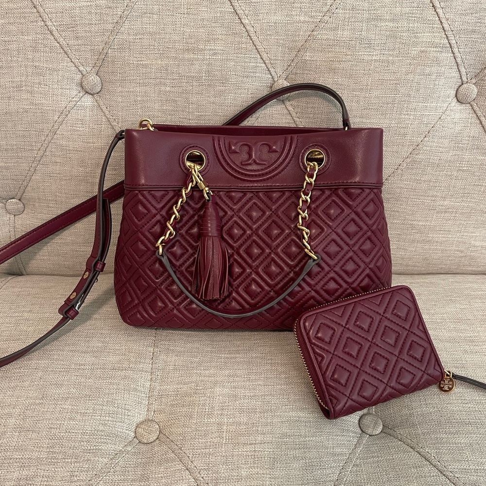 Tory Burch plum soft leather bag + wallet + cross body strap 3 in one all NWOT